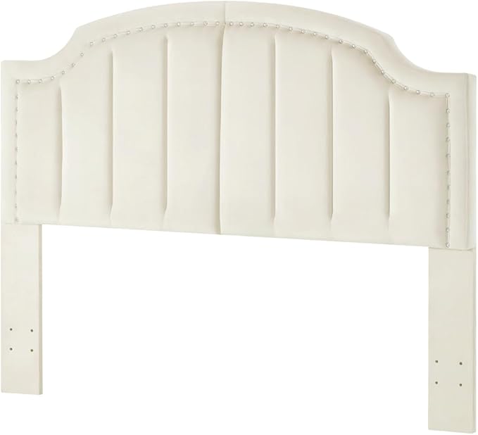 24KF Velvet Fabric Upholstered Queen/Full Headboard with Nail Trims,Modern Vertical Channel Design with Curved Headboard, 6052-Q-Cream