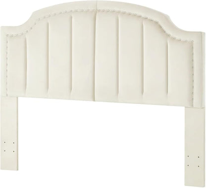 24KF Velvet Fabric Upholstered Queen/Full Headboard with Nail Trims,Modern Vertical Channel Design with Curved Headboard, 6052-Q-Cream