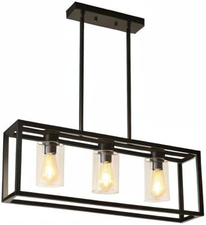 Farmhouse Dining Room Light Fixture Kitchen Island Pendant Lighting Rectangle Black Dining Room Lighting Fixture Modern Pendant Contemporary Chandeliers with Glass Shade Adjustable