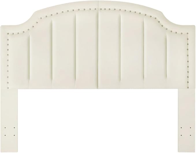 24KF Velvet Fabric Upholstered Queen/Full Headboard with Nail Trims,Modern Vertical Channel Design with Curved Headboard, 6052-Q-Cream