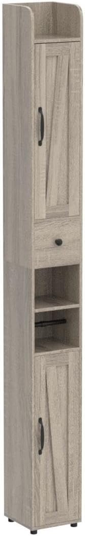 Bathroom Cabinet with Adjustable Shelf, Storage Cabinet for Small Space, Tall Bathroom Storage Cabinet with Retractable Toilet Paper Rod, Narrow Cabinet with 2 Doors, 8 Compartment, Brown Gray