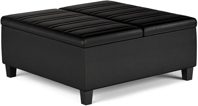 SIMPLIHOME Ellis 36 inch Wide Contemporary Square Coffee Table Storage Ottoman in Distressed Black Vegan Faux Leather, Assembled, for The Living Room and Bedroom