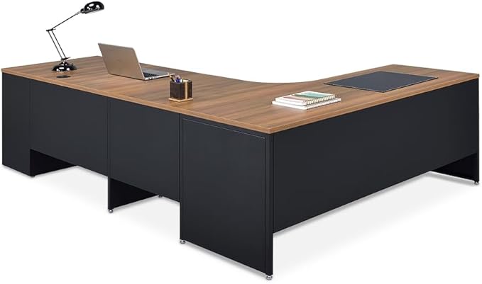 NBF L-Shaped Executive Office Desk - Durable Laminate Computer Desk with Three Drawers - Modern Desk with Storage and File Cabinet (72" Wx 96" D, Oak)
