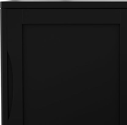 SIMPLIHOME Harper Storage Cabinet - 30 inch Wide Solid Hardwood 2-Shelf Low Console Cabinet in Black, Mid-Century Modern Cupboard for Living Room with Sliding Doors and Adjustable Shelves