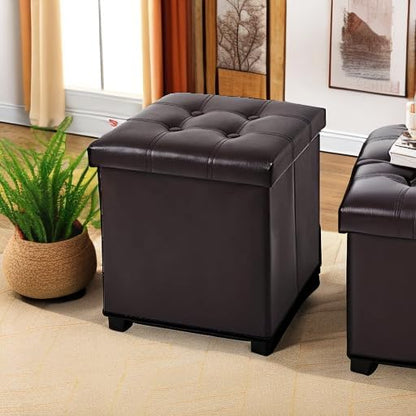YOUDENOVA 15 inches Folding Storage Ottoman, Cube Storage Boxes Footrest, Small Ottomans with Foam Padded Seat, Support 300lbs (Brown, Leather)