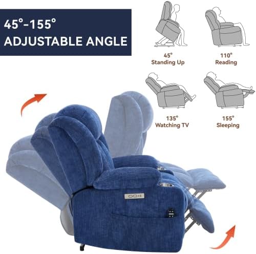 Power Lift Chair for Elderly, Electric Recliner Chair with 8-Point Vibration Massage and Lumbar Heating with Charging Ports, Cup Holders, Standing Assistance Reclining - Bright Blue