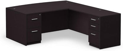 nbf signature series at Work Bowfront Reversible L Shaped Desk with Hutch - Ergonomic Computer Desk with Storage Drawers - Ideal for Office - 88.58" D x 70.87" W x 28.94" H, Espresso Laminate