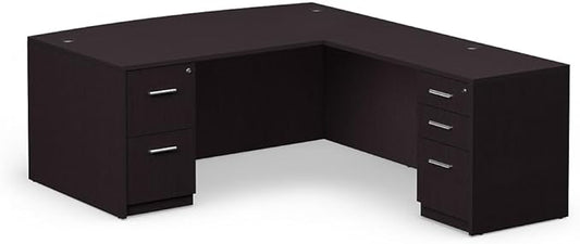 nbf signature series at Work Bowfront Reversible L Shaped Desk with Hutch - Ergonomic Computer Desk with Storage Drawers - Ideal for Office - 88.58" D x 70.87" W x 28.94" H, Espresso Laminate