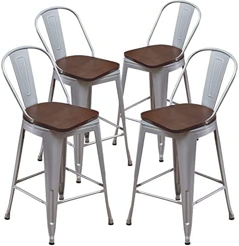 Aklaus Swivel Metal Bar Stools with Backs Counter Stools Set of 4 Counter Height Stools High Back Bar Chairs 26 Inches Barstools Farmhouse Silver