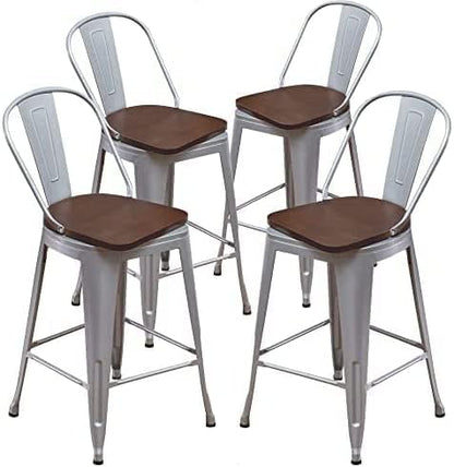 Aklaus Swivel Metal Bar Stools with Backs Counter Stools Set of 4 Counter Height Stools High Back Bar Chairs 26 Inches Barstools Farmhouse Silver