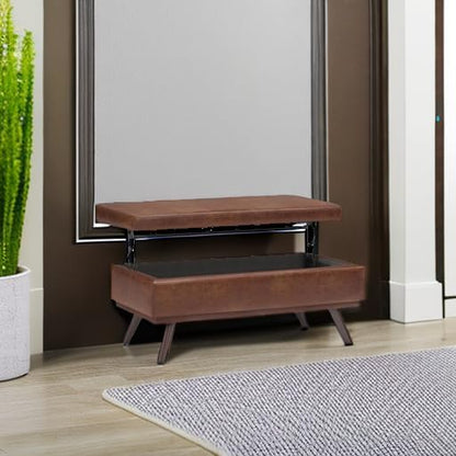 SIMPLIHOME Owen 42 inch Wide Mid Century Modern Rectangle Lift Top Large Coffee Table Storage Ottoman in Distressed Saddle Brown Vegan Faux Leather, Assembled, for the Living Room and Entryway
