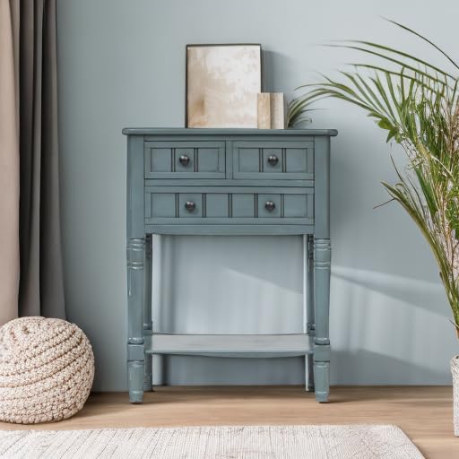 Knocbel Slim Antique Entry Console Table with Drawers & Bottom Open Shelf, Solid Wood Sofa Couch Table for Entryway Hallway Living Room (Navy)