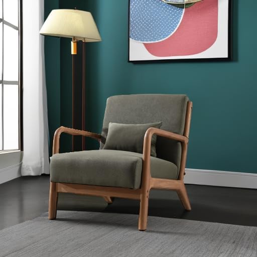ANJ ANJHOME Mid Century Modern Accent Chair, Comfy Fabric Reading Chair with Solid Wood Frame, Easy Assembly Armchair for Living Room Blackish Green
