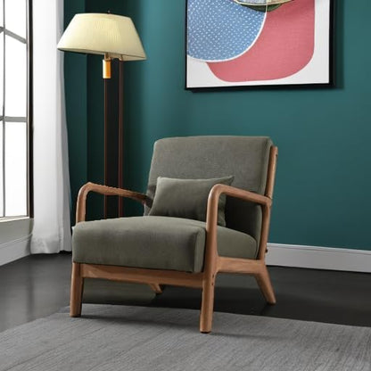 ANJ ANJHOME Mid Century Modern Accent Chair, Comfy Fabric Reading Chair with Solid Wood Frame, Easy Assembly Armchair for Living Room Blackish Green