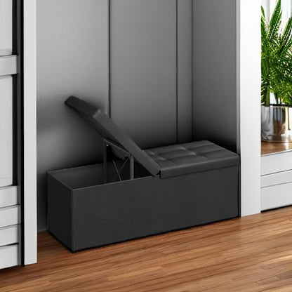 SONGMICS MAZIE Collection - 43 Inches Storage Ottoman Bench with Flipping Lid, Storage Chest with Iron Frame Support, Load 660 lb, for Living Room, Bedroom, Synthetic Leather, Black ULSF75BK