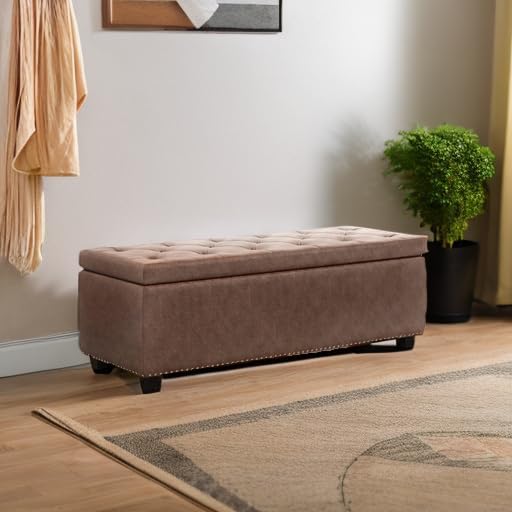 SIMPLIHOME Hamilton 48 inch Wide Transitional Rectangle Storage Ottoman in Distressed Umber Brown Vegan Faux Leather, Assembled, For the Living Room, Entryway and Family Room