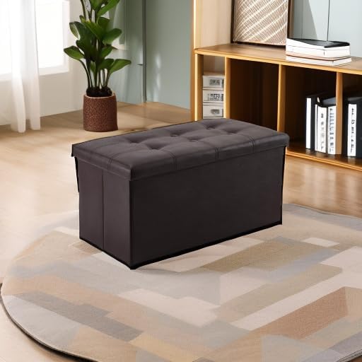 YOUDENOVA 30 inches Folding Storage Ottoman, 85L Storage Ottoman Bench for Living Bedroom and Hallway, Faux Leather Brown Footrest with Foam Padded Seat, Brown