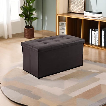 YOUDENOVA 30 inches Folding Storage Ottoman, 85L Storage Ottoman Bench for Living Bedroom and Hallway, Faux Leather Brown Footrest with Foam Padded Seat, Brown