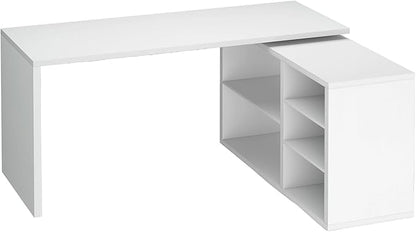HSH White L Shaped Desk with Shelf, Reversible Modern Home Office Desk Workstation, L Shape Computer Desk with Storage Cabinet Drawer, Industrial Wood Corner Table for Work Study Writing Gaming, 55 In