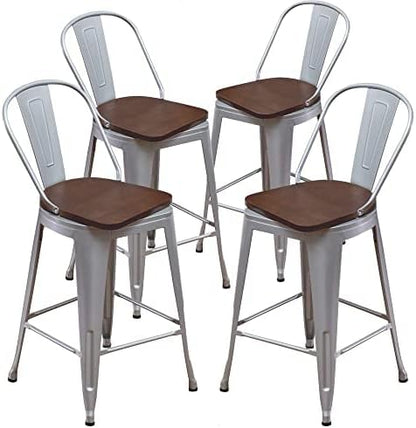 Aklaus Swivel Metal Bar Stools with Backs Counter Stools Set of 4 Counter Height Stools High Back Bar Chairs 24 Inches Barstools Farmhouse Silver