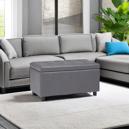 SIMPLIHOME Cosmopolitan Storage Ottoman - 34 inch Wide Upholstered Vegan Leather Rectangle Storage Ottoman Bench in Stone Grey, Transitional Tufted Ottoman for Living Room or Entryway with Lift-Up Lid