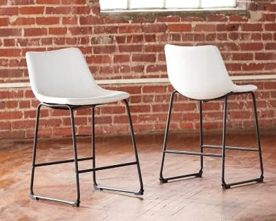 Signature Design by Ashley Centiar Casual Bucket Seat Dining Upholstered Bar Stool with Black Metal Base, Set of 2, Faux Leather, 23.75" Seat Height, White