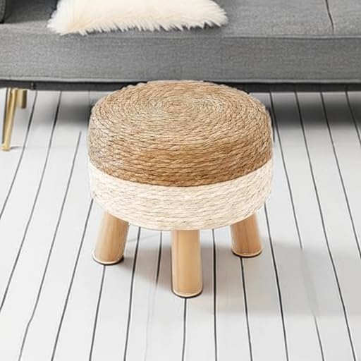 Round Ottoman, Natural Seagrass Footstool with 4 Wood Legs, Multifunctional Modern Dressing Stool and Sofa Side Table for Bedroom (White)