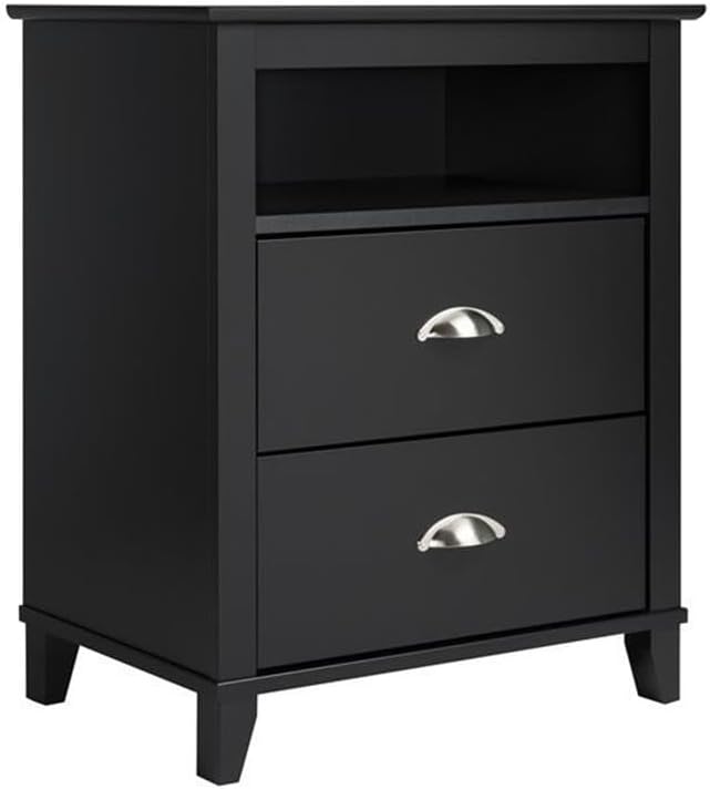Prepac Yaletown Traditional 2-Drawer Tall Nightstand Side Table, Bedside Table with 2 Drawers and Open Shelf 16" D x 23" W x 28" H, Black, BDNH-1202-1