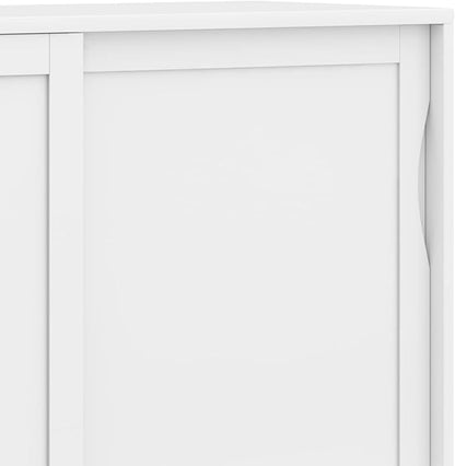 SIMPLIHOME Harper Medium Storage Cabinet - 48 inch Wide Solid Hardwood Sliding Door Cabinet in White, Mid-Century Modern Cupboard for Living Room or Entryway with 3 Drawers and Tapered Legs