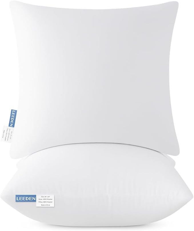 Leeden 18x18 Pillow Inserts Pack of 2, 18 Inch Throw Pillow Inserts, Soft Fluffy Decorative Square Throw Pillows for Couch, Sofa, Bed, and Home Decor White Pillows