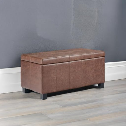 SIMPLIHOME Dover 36 inch Wide Contemporary Rectangle Storage Ottoman Bench in Distressed Umber Brown Vegan Faux Leather, Assembled, For the Living Room, Entryway and Family Room