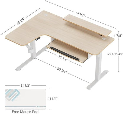 EUREKA ERGONOMIC Standing Desk Adjustable Height 61" Electric Sit Stand Computer Desk L Shaped with Keyboard Tray,Monitor Stand &LED, Dual Motor Memory Presets Sit to Desk Adjustable Desk, Left/Maple