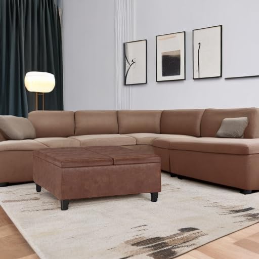 SIMPLIHOME Ellis 36 inch Wide Contemporary Square Coffee Table Storage Ottoman in Distressed Saddle Brown Vegan Faux Leather, Assembled, For the Living Room and Bedroom