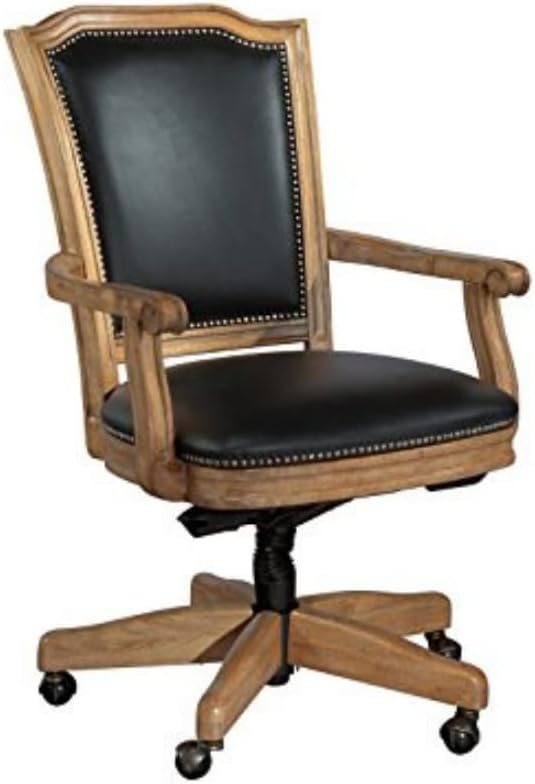 Hekman Furniture Wellington Hall Wood Frame Desk Chair - Genuine Black Leather Antique Brass Nail Head Trim Pneumatic Lift Tilt Mechanism Rolling Wood Base Chair Best for Home & Office Décor