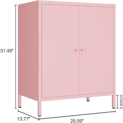 Metal storage Cabinets with 2 Doors，Small Pantry Cabinet, Storage Closet with Adjustable Shelf and High Feet, Pink Cabinet for Home, Office, Living Room,Dining Room,Sideboard, Hallway and Entryway