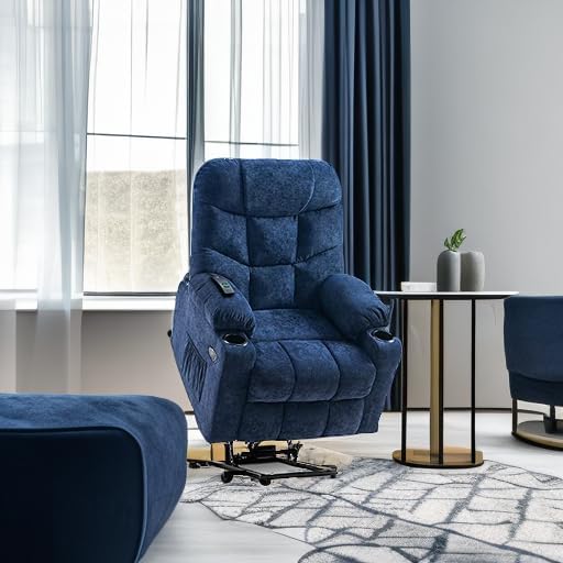 MCombo Power Lift Recliner Chair with Extended Footrest for Elderly People, Fabric 7287 (Navy Blue, Medium)