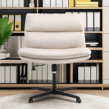 EMIAH Armless Office Desk Chair No Wheels PU-Padded Vanity Mid-Back Ergonomic Home Computer Comfortable Adjustable Swivel Task Chair with Thickened Cushion
