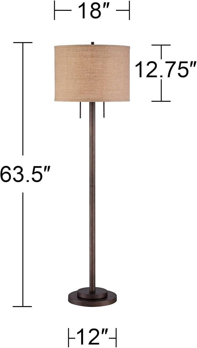 Possini Euro Design Garth Modern Industrial Standing Floor Lamp 63 1/2" Tall Oil Rubbed Bronze Brown Metal Burlap Fabric Drum Shade Decor for Living Room Reading House Bedroom Home Office House
