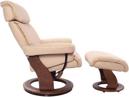 Pemberly Row Stressless Recliner with Ottoman in Beige Faux Leather, Swivel Recliner Ottoman for Comfortable Home Seating
