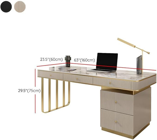 RUNNUP Stone top Computer Desk with 5 Drawers, Rectangular Home Computer Desk Writing Desk, Modern Executive Desk, Without Chairs, Black, 63" L x 23.5" W x 29.5" H