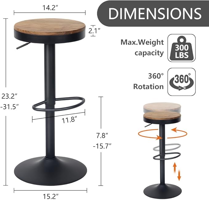 Kidol & Shellder Black Bar Stools Set of 2 Adjustable Swivel Backless Barstools Modern Round Wooden Seat Counter Height Bar Chairs Armless for Kitchen Island, Cafe, Dining Room