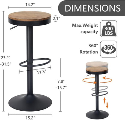 Kidol & Shellder Black Bar Stools Set of 2 Adjustable Swivel Backless Barstools Modern Round Wooden Seat Counter Height Bar Chairs Armless for Kitchen Island, Cafe, Dining Room