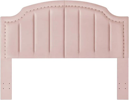 24KF Velvet Fabric Upholstered Queen/Full Headboard with Nail Trims,Modern Vertical Channel Design with Curved Headboard, 6052-Q-Pink