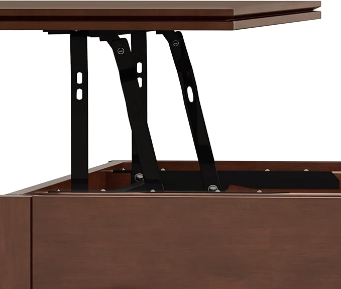 SIMPLIHOME Artisan Coffee Lift Top Table - 46 inch Wide Solid Wood Contemporary Cocktail Table in Russet Brown, Living Room with Hidden Storage Compartment, Open Shelf, and Square Knobs