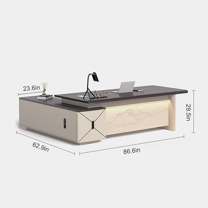 86IN L-Shaped Executive Desk with Drawer Cabinet, Executive Office Desk with LED Strip & Exquisite Handle & Fashionable Pattern Design