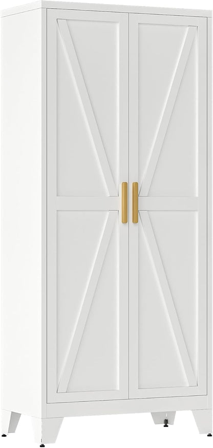 Large Metal Kitchen Pantry Storage Cabinet with Adjustable Shelves - Freestanding Kitchen Storage Cabinet for Dining Room,Livingroom Bathroom, Hallway, Workshop, Office (White, 71"- 0 drawer)