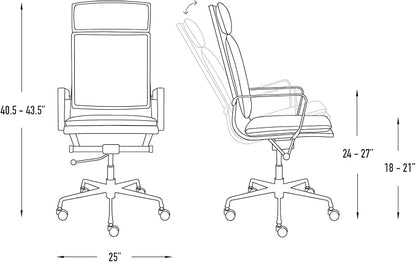 Laura Davidson Furniture Lexi II Padded Office Chair - Tall Back Desk Chair with Aluminum Arm Rest, Swivel & Cushion Availability, Made of Faux Leather, Black, Computer Chair