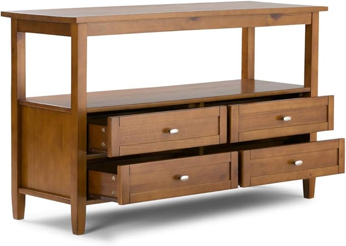 SIMPLIHOME Warm Shaker Console Table - 48 Inch Wide Solid Wood Sofa Table in Light Golden Brown, Transitional Storage for Living Room with 4 Drawers, Open Shelf, and Brushed Nickel Knobs