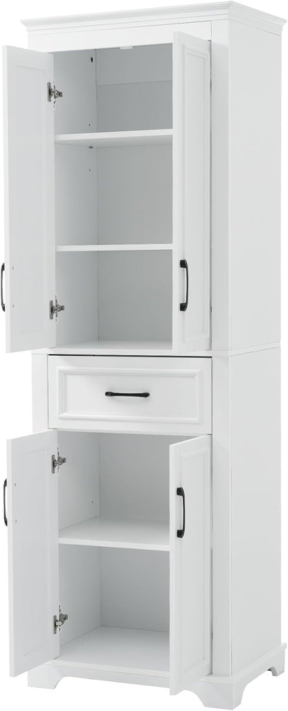 Tall Freestanding Storage Cabinet with 4 Doors & One Drawer, Multi-Purpose Organizer with Adjustable Shelf for Bathroom, Office, Living Room, White