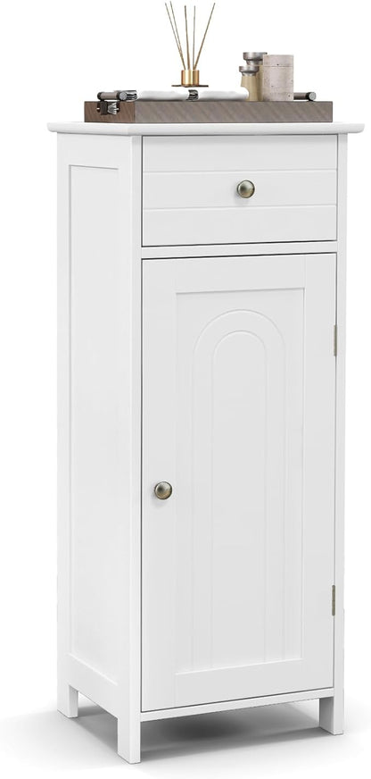 LOKO Bathroom Floor Cabinet, Freestanding Single Door Storage Cabinet with Drawer & Adjustable Shelves, Corner Narrow Storage Organizer for Living Room, Entryway (White)